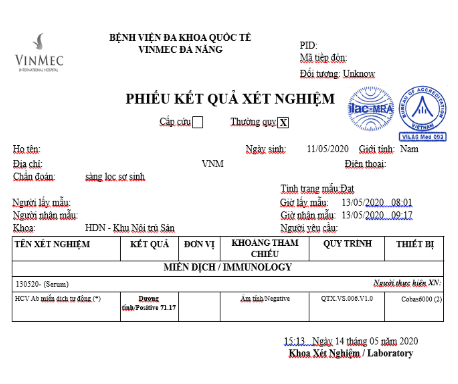 
Hình ảnh Phiếu kết quả xét nghiệm HCV-AB được cấp chứng chỉ ISO 15189
