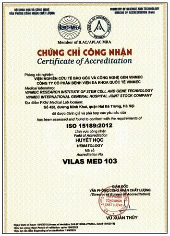  Vinmec High-Tech Center has obtained ISO 15189:2012 certification for testing that evaluates the quality of stem cell products.