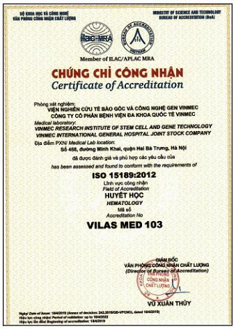 Chứng chỉ ISO 15189:2012 cho các xét nghiệm đánh giá chất lượng sản phẩm tế bào gốc mà Vinmec đã vinh dự nhận được.