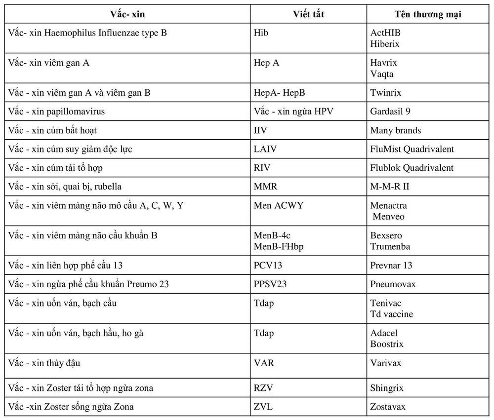 Danh sách vắc- xin cho người lớn từ 19 tuổi trở lên tiêm phòng