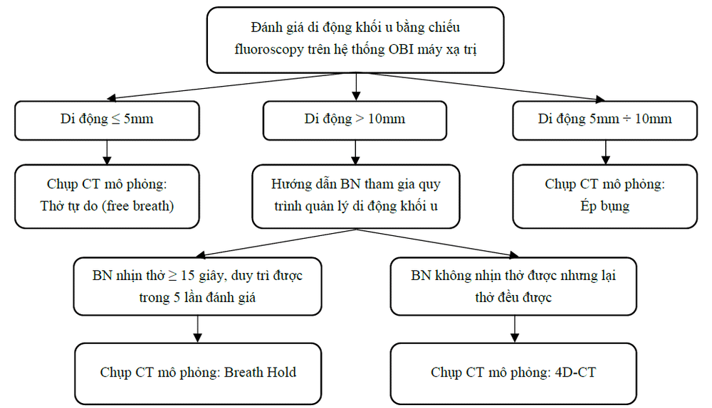 
Hình 3. Đánh giá di động khối u và lựa chọn kỹ thuật chụp CT mô phỏng.
