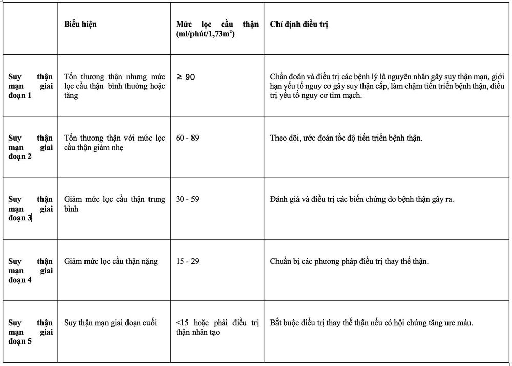 Phân loại 5 giai đoạn của bệnh suy thận mạn tính. 
