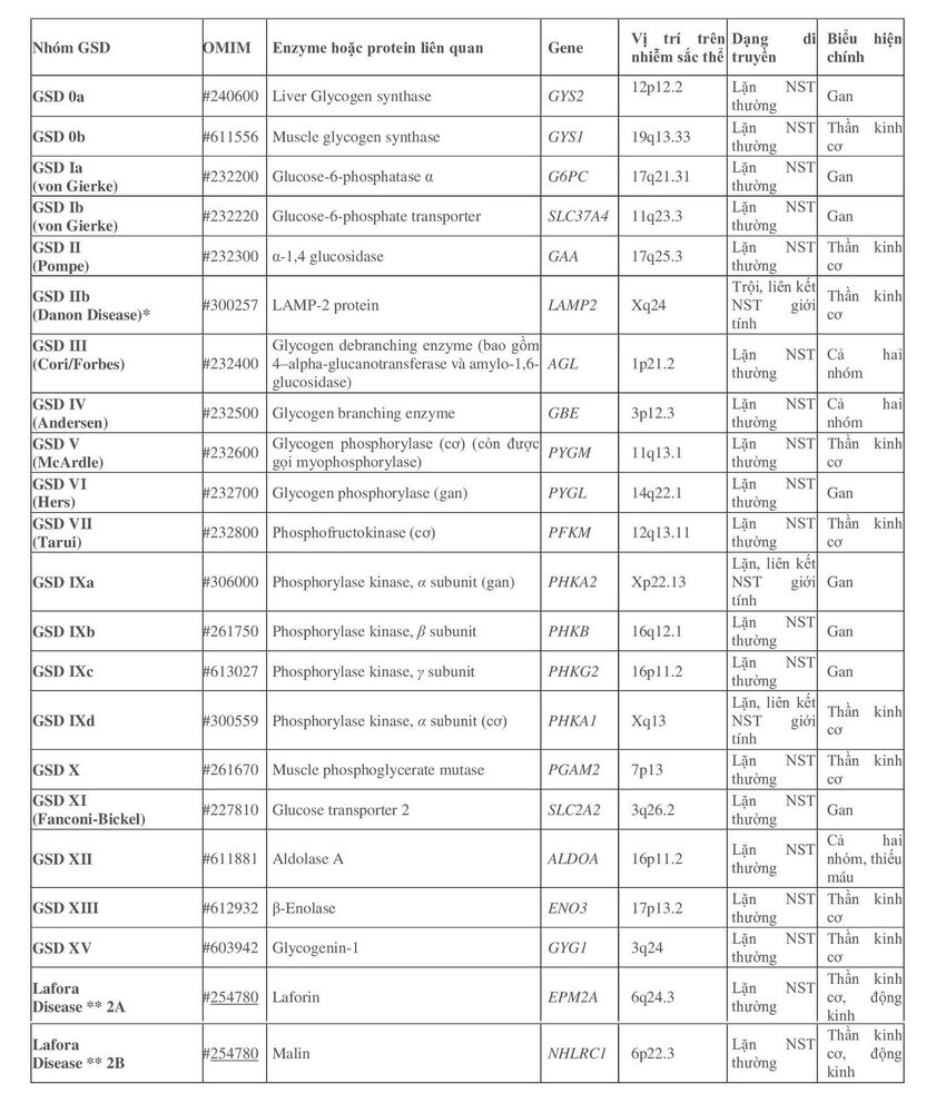 
Bảng 1: Bảng tổng hợp các nhóm rối loạn dự trữ glycogen.
