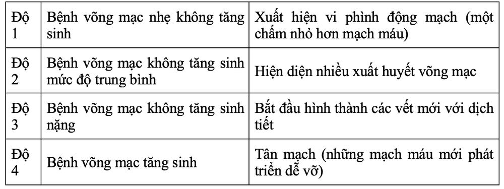 
Bảng phân loại võng mạc tiểu đường
