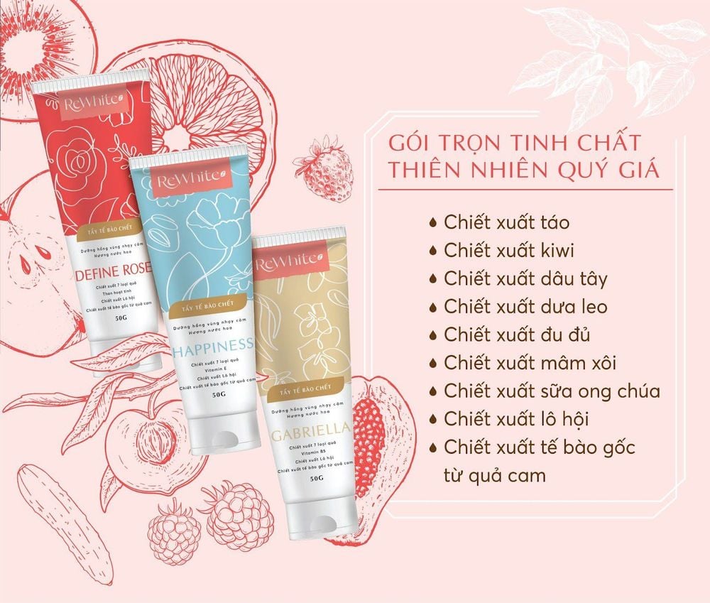 
Gel tẩy tế bào chết Rewhitez là sự kết hợp tinh tế của chiết xuất từ 7 loại quả
