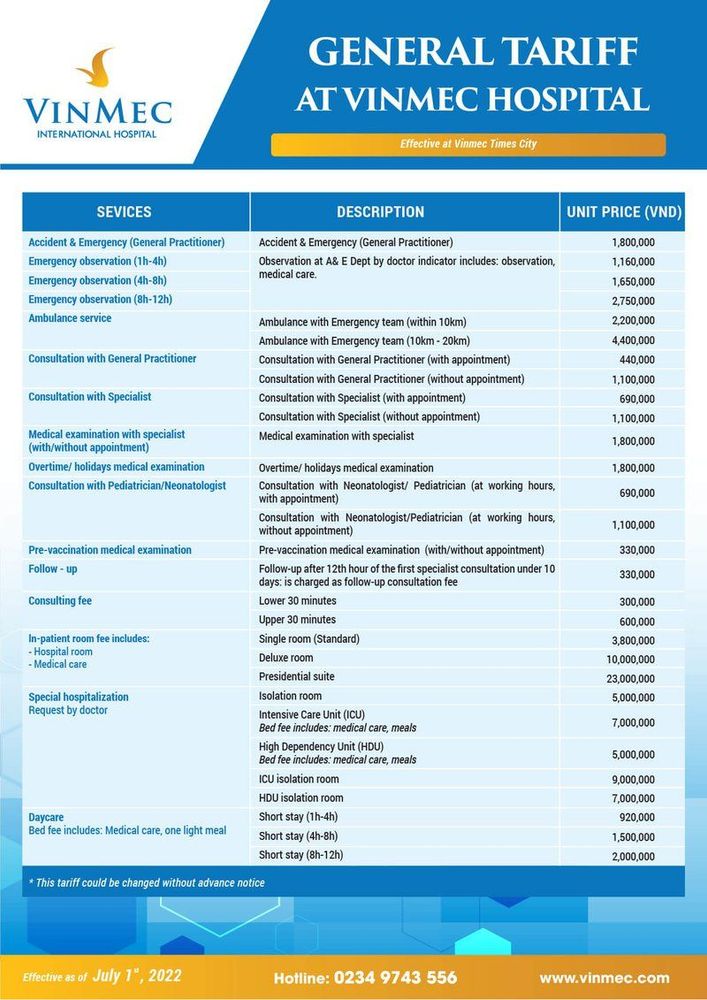 Hospital charges at Vinmec