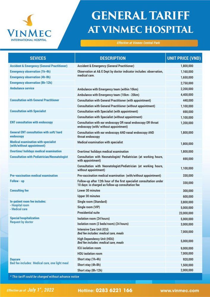 Hospital charges at Vinmec