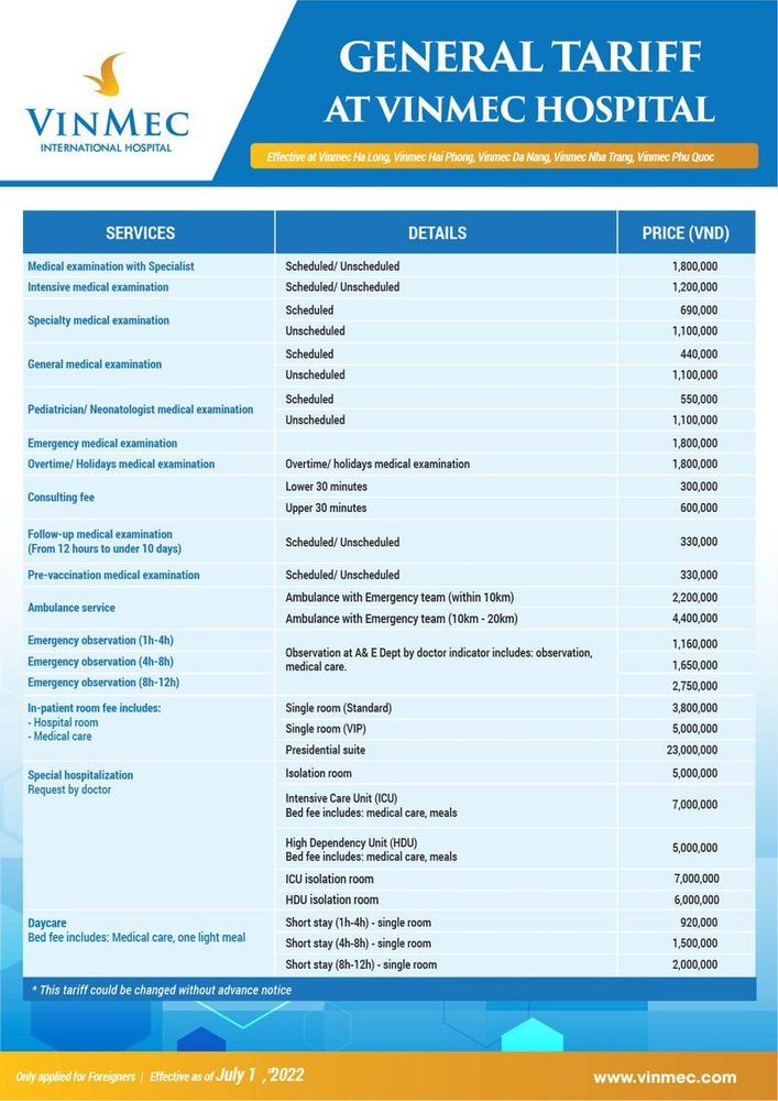 Hospital charges at Vinmec