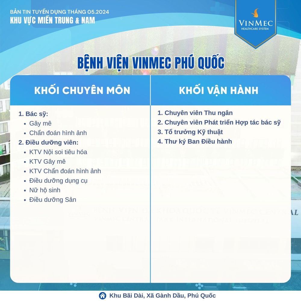 Hệ thống Y tế Vinmec tuyển dụng nhiều vị trí tại các tỉnh thành trên toàn quốc tháng 5/2024