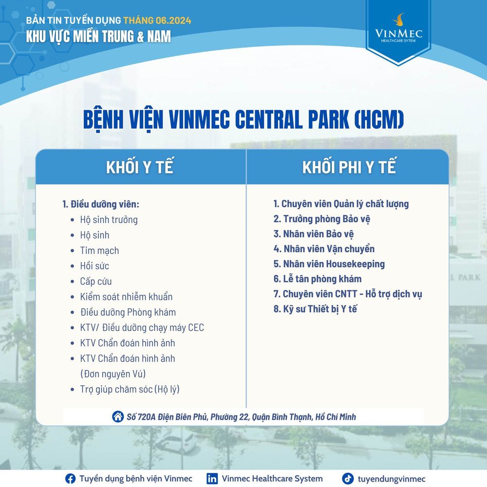 Hệ thống Y tế Vinmec tuyển dụng nhiều vị trí tại các tỉnh thành trên toàn quốc tháng 6/2024