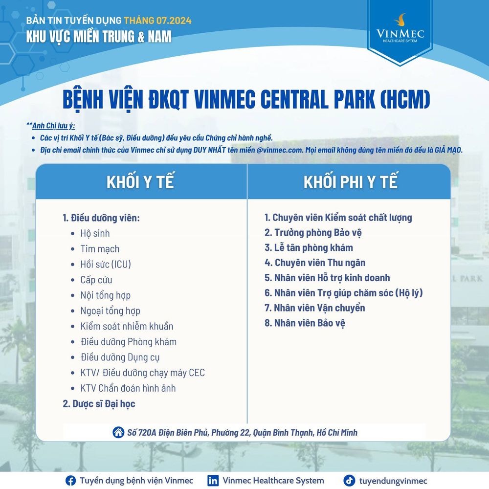 Hệ thống Y tế Vinmec tuyển dụng nhiều vị trí tại các tỉnh thành trên toàn quốc tháng 7/2024