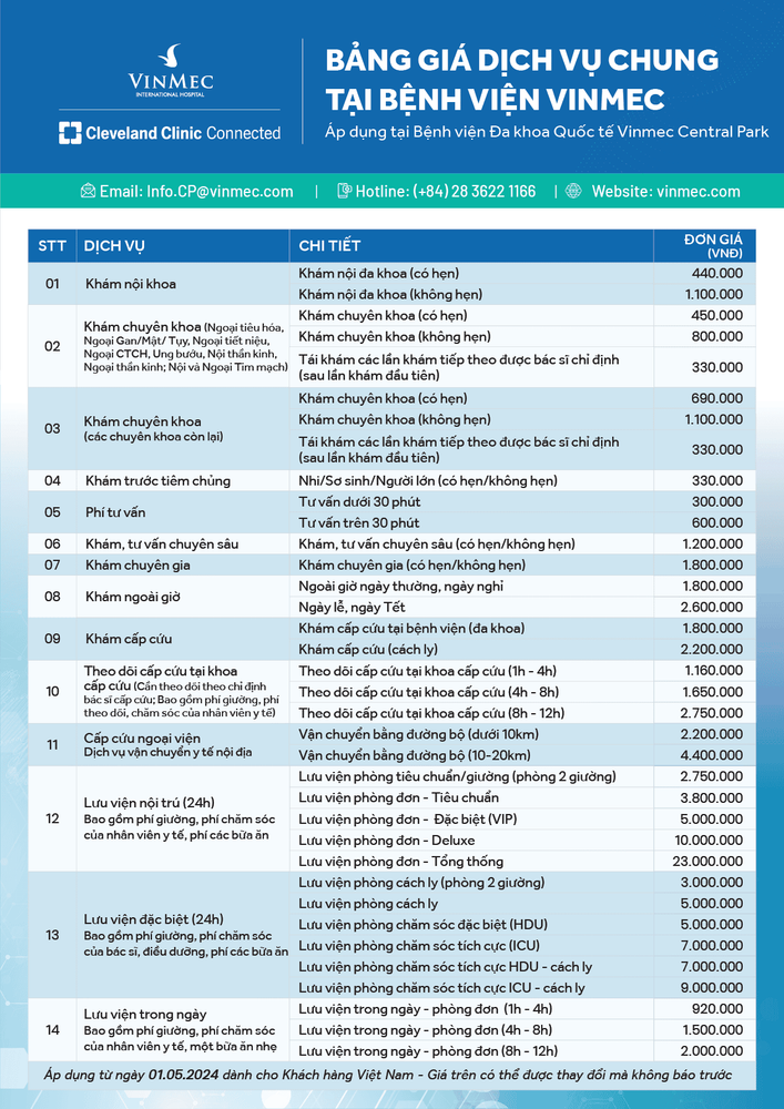Bảng giá dịch vụ chung áp dụng tại Vinmec Central Park, bảng giá có thể thay đổi mà không được báo trước.