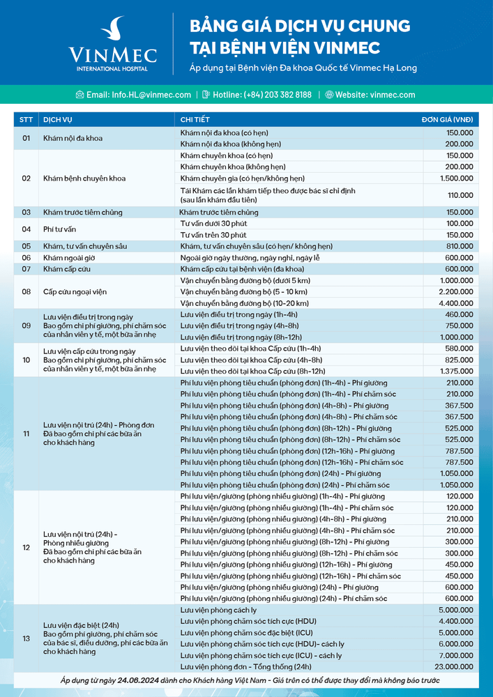 Bảng giá dịch vụ chung áp dụng tại Vinmec Hạ Long, bảng giá có thể thay đổi mà không được báo trước.