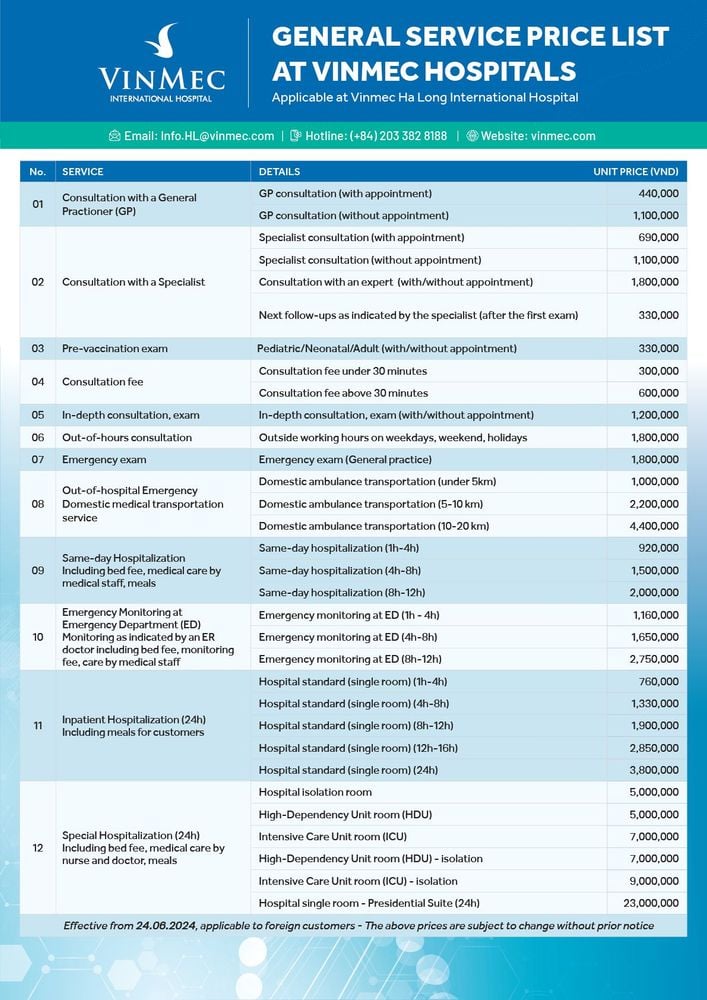 General service price list applies at Vinmec Ha Long, price list may change without prior notice.