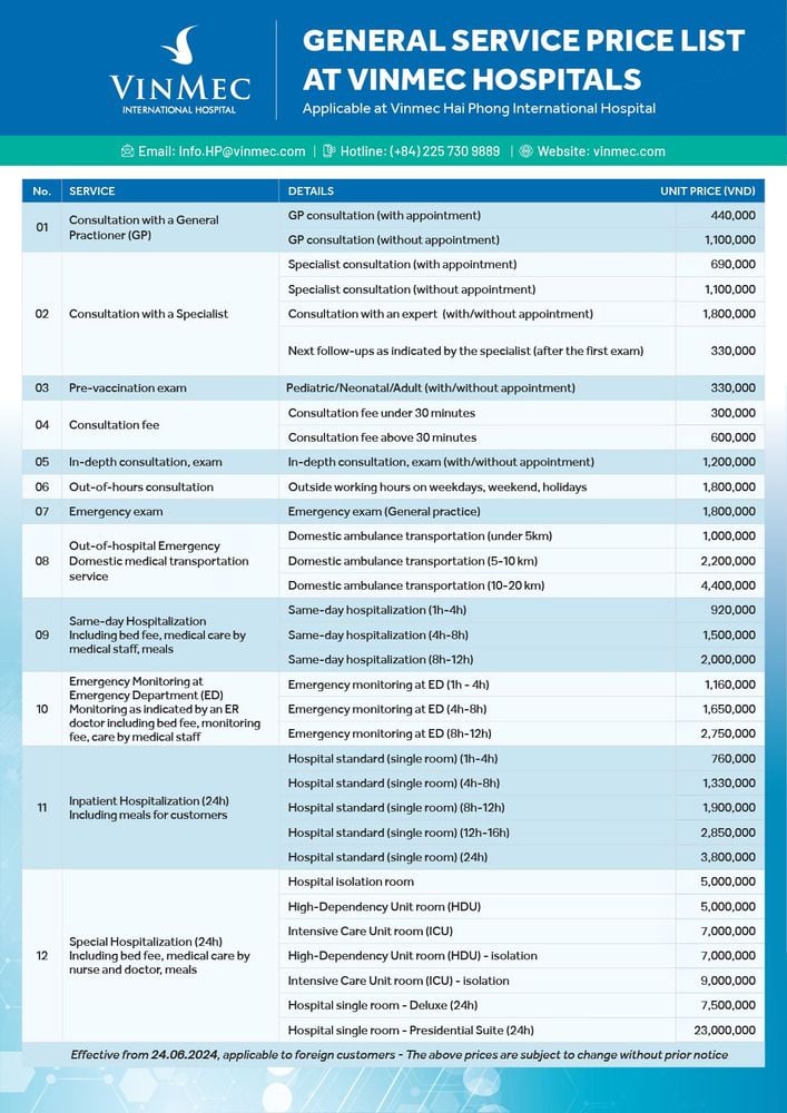 General service price list applies at Vinmec Hai Phong. Price list may change without prior notice.