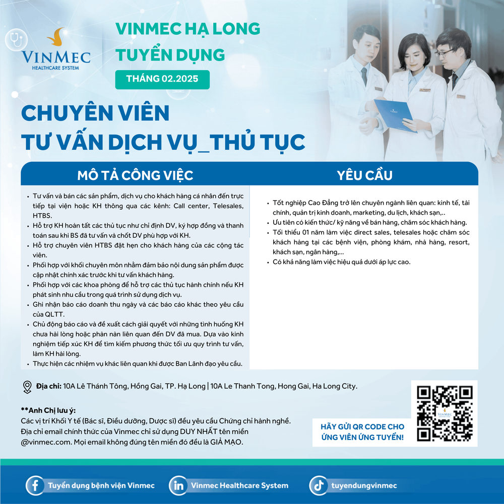 Bệnh viện Đa khoa Quốc tế Vinmec Hạ Long thông báo tuyển dụng Chuyên viên Tư vấn dịch vụ_ Thủ tục