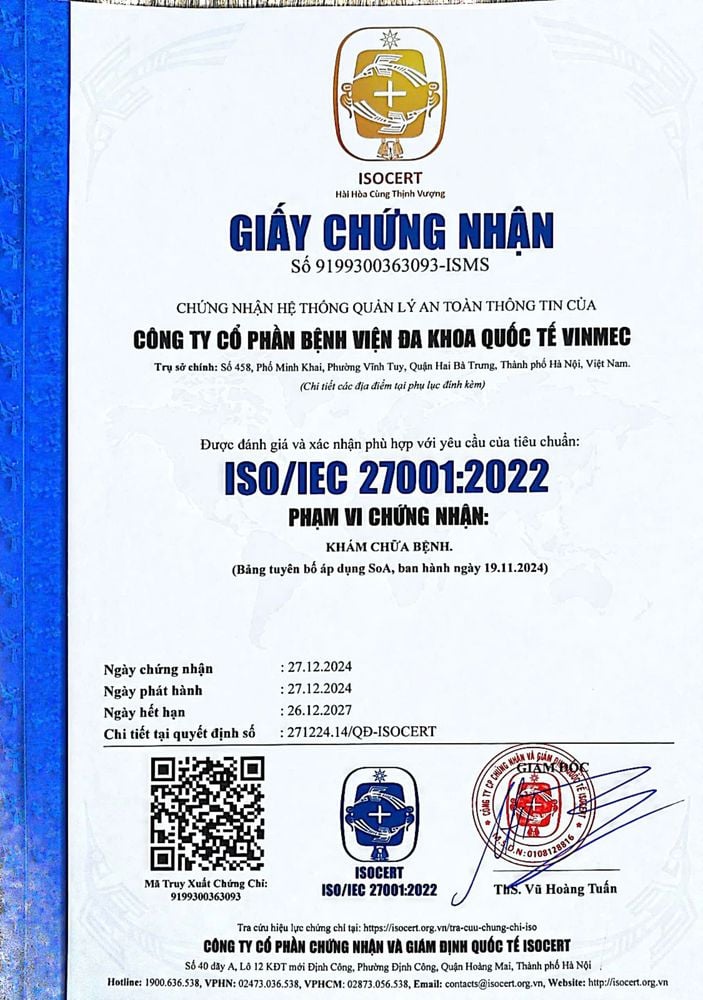 Vinmec nhân chứng chỉ ISO 27001:2002