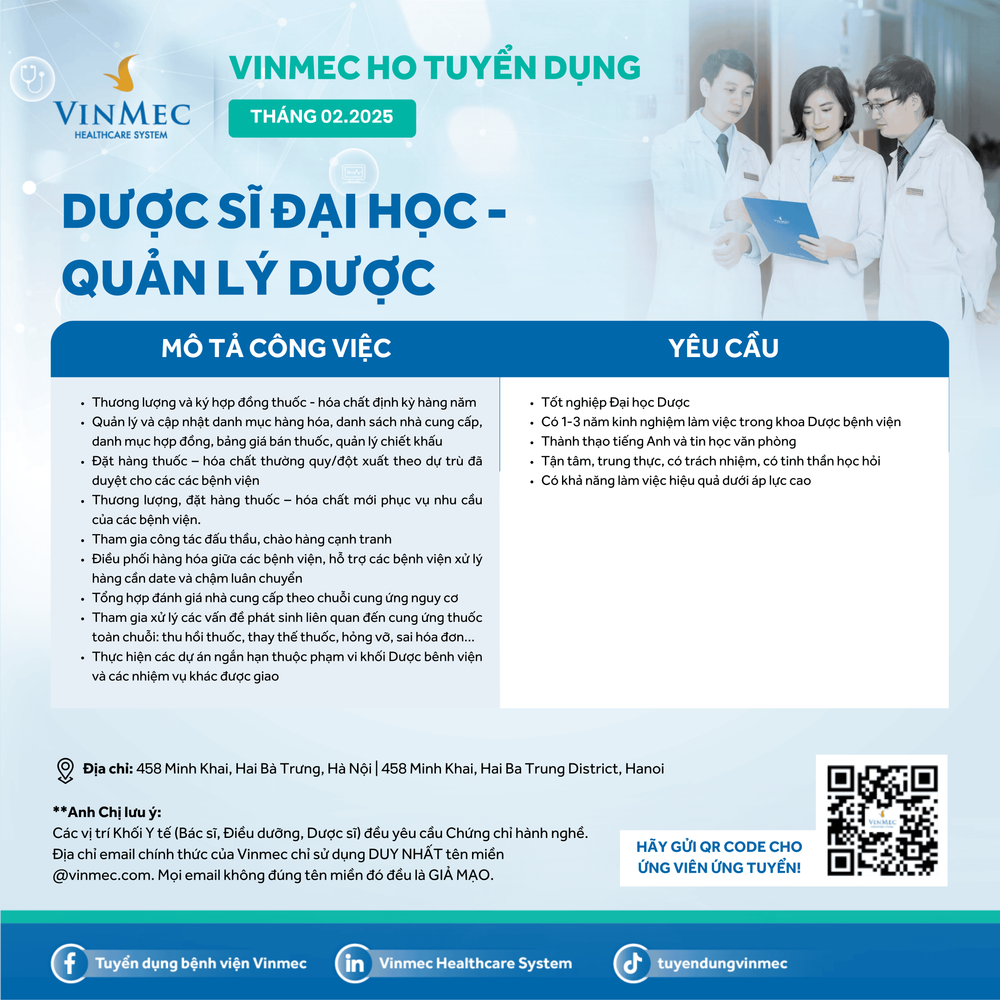 Công ty Vinmec HO thông báo tuyển dụng Dược sĩ Đại học – Quản lý Dược