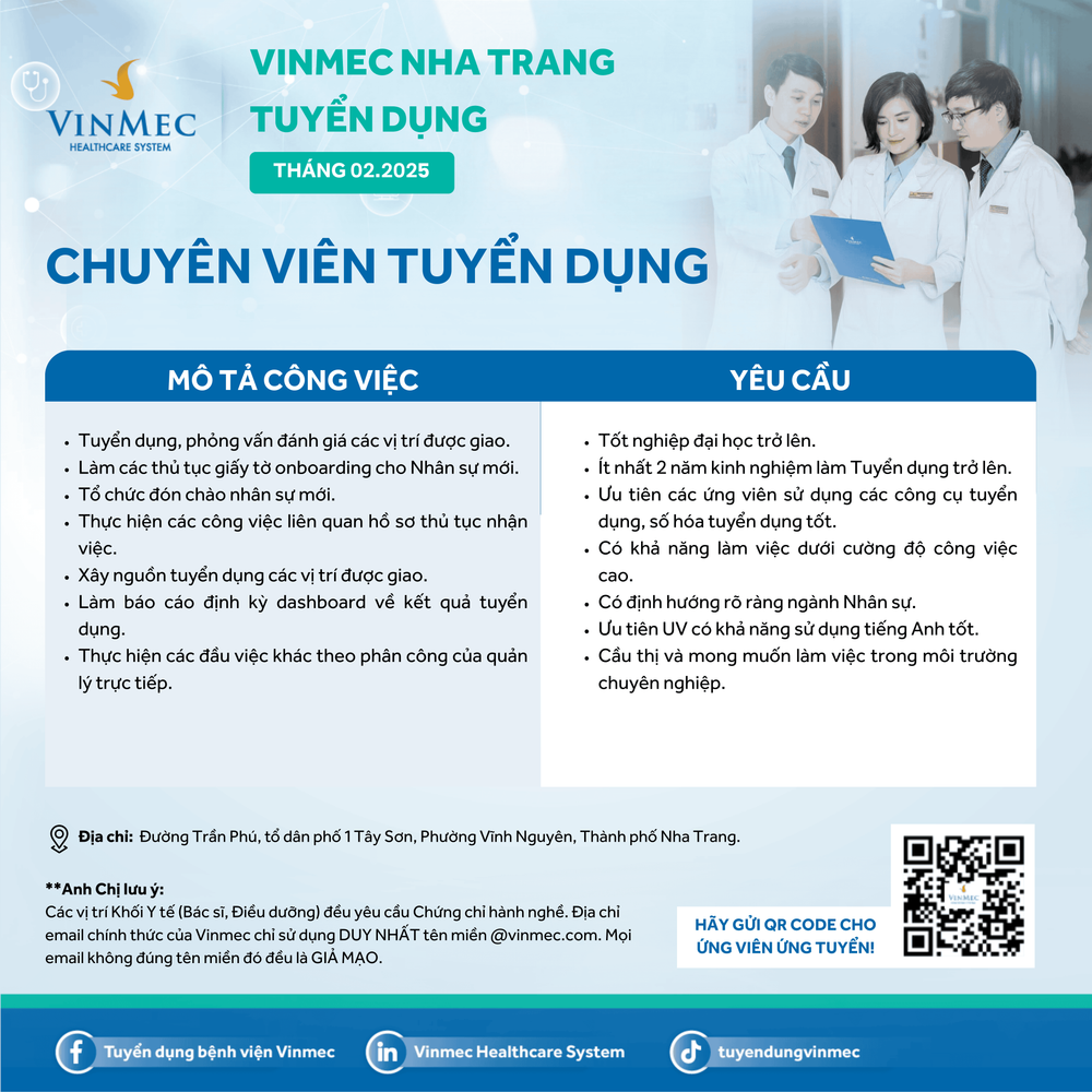 Bệnh viện ĐKQT Vinmec Nha Trang tuyển dụng vị trí CHUYÊN VIÊN TUYỂN DỤNG