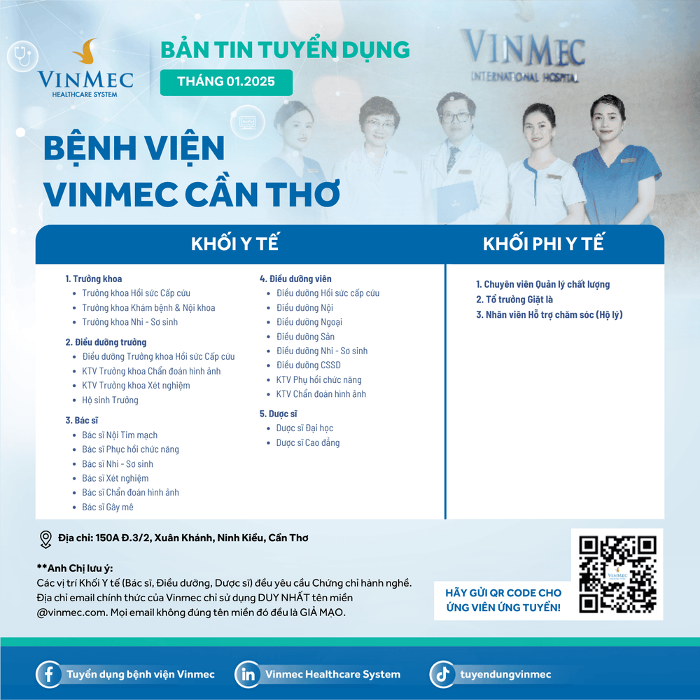 Bệnh viện Vinmec Cần Thơ tuyển dụng tháng 1/2025