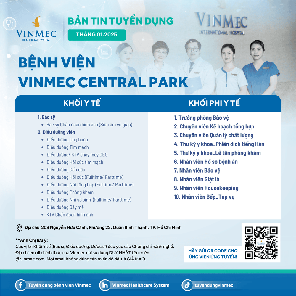 Bệnh viện ĐKQT Vinmec Central Park tuyển dụng tháng 1/2025