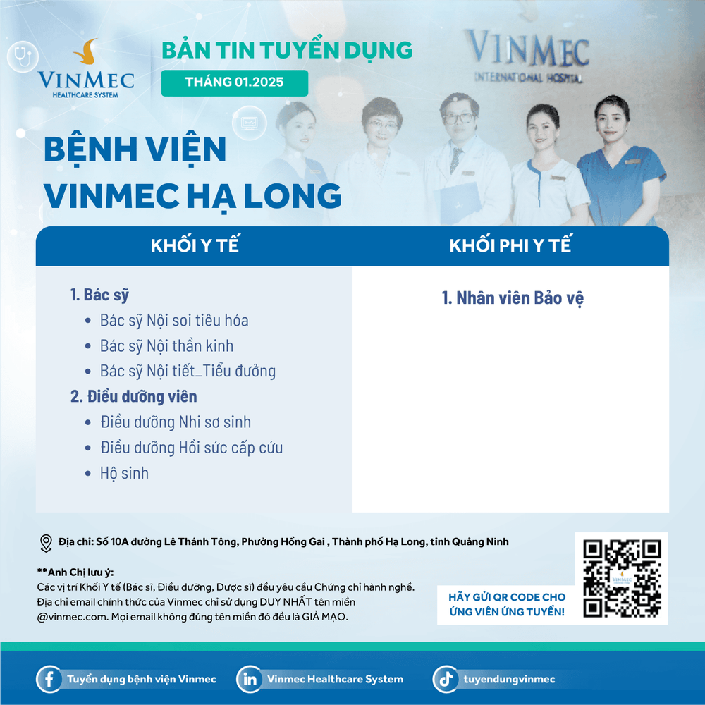 Bệnh viện Vinmec Hạ Long tuyển dụng tháng 1/2025