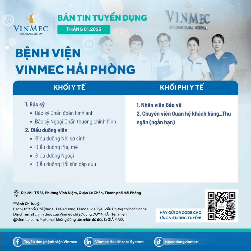 Hệ thống Y tế Vinmec tuyển dụng nhiều vị trí tại các tỉnh thành trên toàn quốc tháng 1/2025