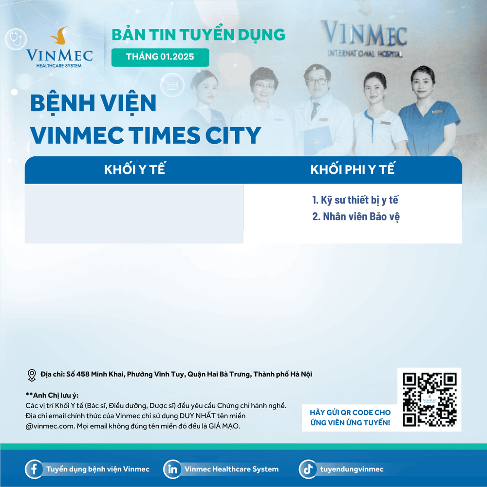 Bệnh viện ĐKQT Vinmec Times City tuyển dụng tháng 1/2025