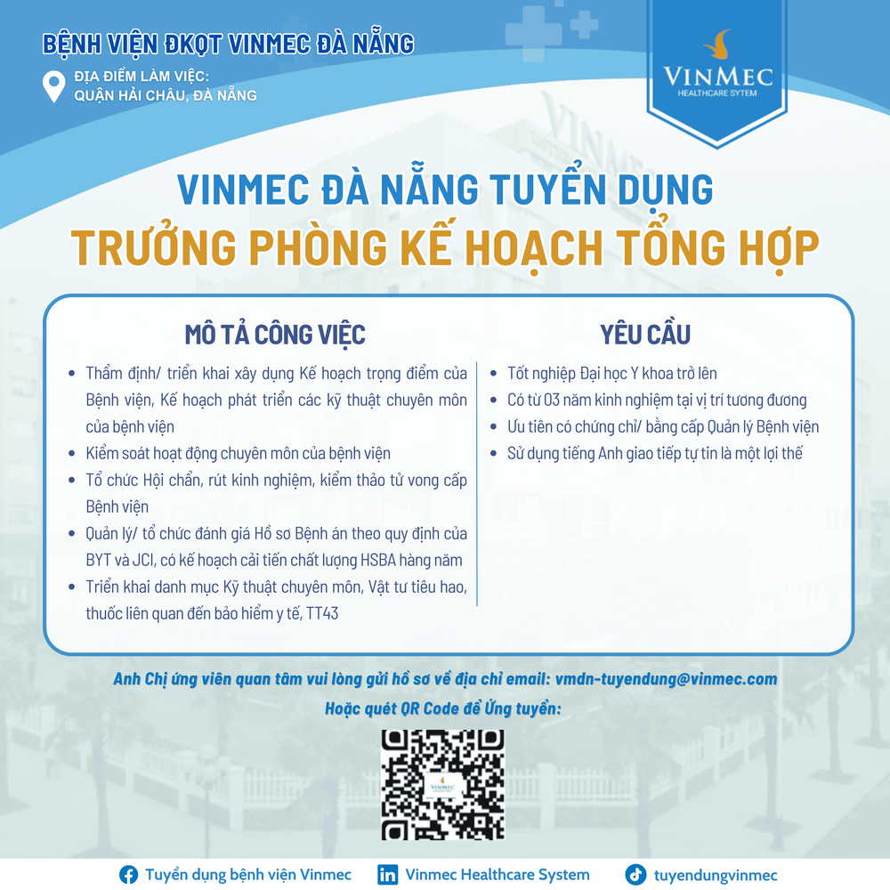 Bệnh viện ĐKQT Vinmec Đà Nẵng tuyển dụng Trưởng phòng Kế hoạch tổng hợp