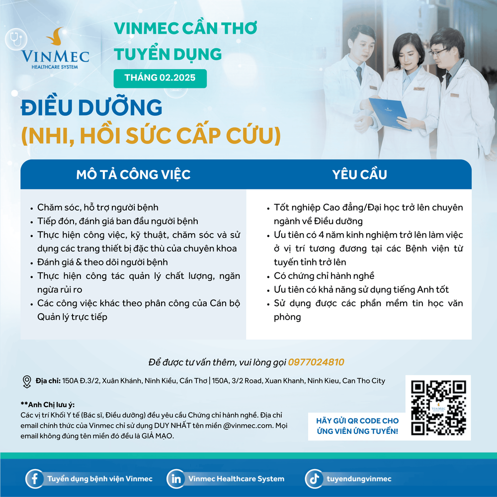 Tuyển dụng vị trí điều dưỡng (nhi, hồi sức cấp cứu) tháng 02/2025