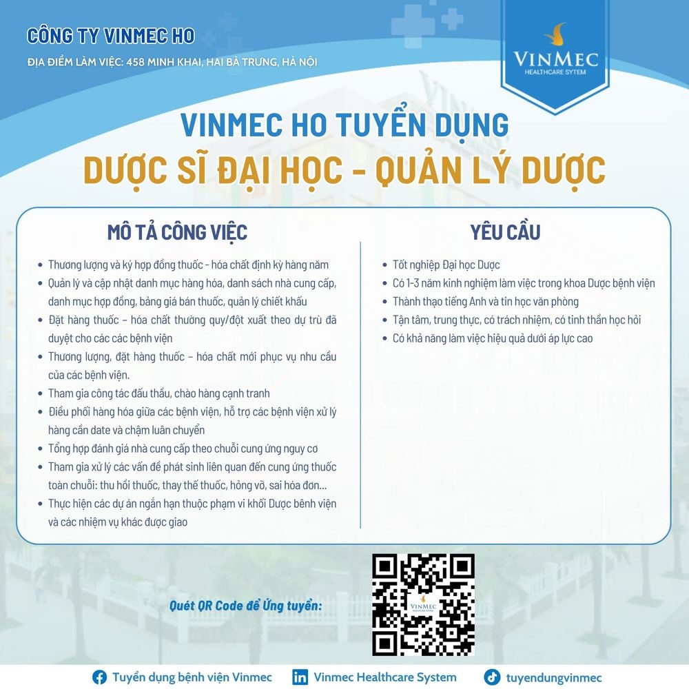 Công ty Vinmec HO tuyển dụng 01 Dược sĩ Đại học – Quản lý Dược