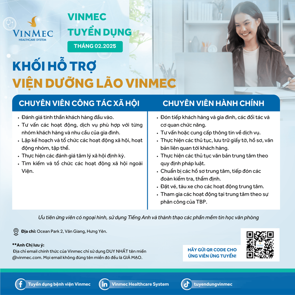 Viện Dưỡng lão Vinmec tuyển dụng khối hỗ trợ