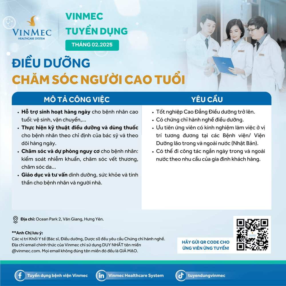 Viện Dưỡng lão Vinmec tuyển dụng điều dưỡng chăm sóc người cao tuổi