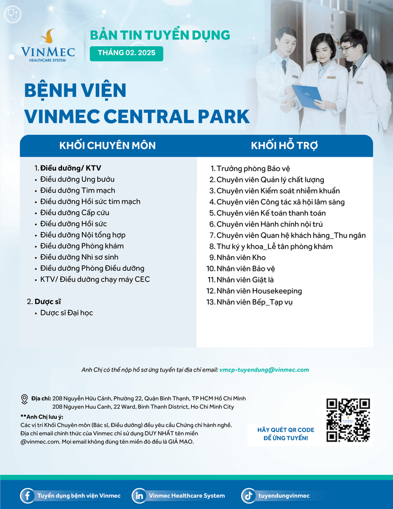 Bệnh viện ĐKQT Vinmec Center Park tuyển dụng nhiều vị trí