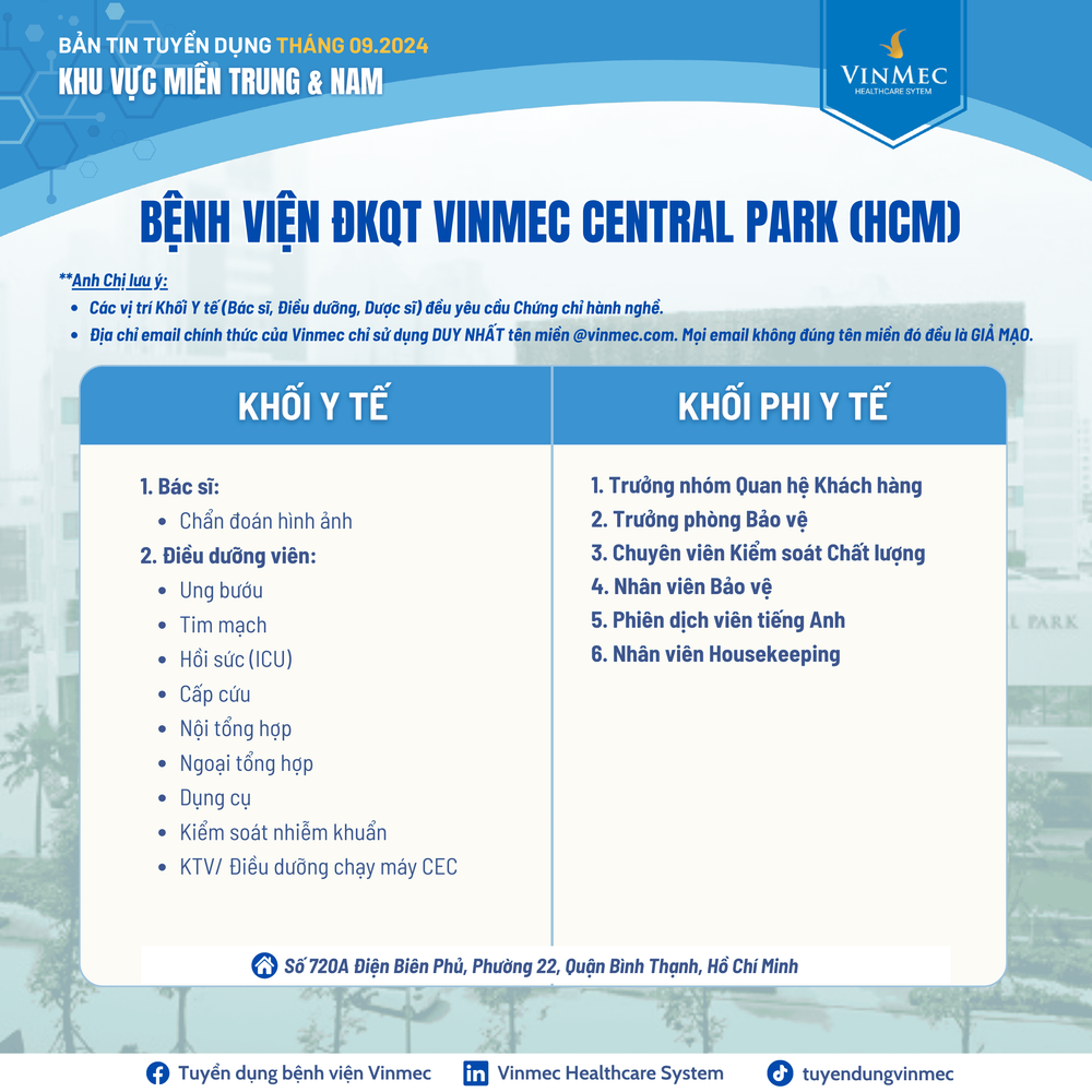 Hệ thống Y tế Vinmec tuyển dụng nhiều vị trí tại các tỉnh thành trên toàn quốc tháng 9/2024