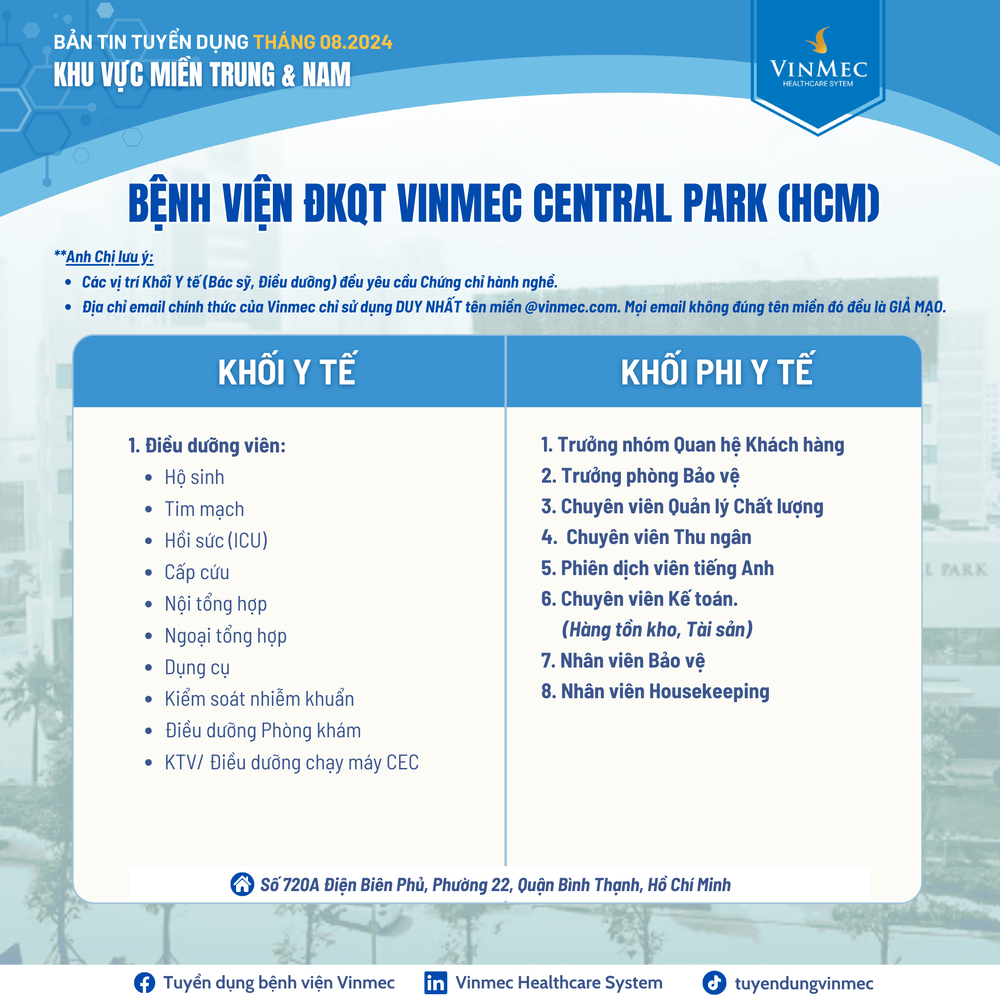 Hệ thống Y tế Vinmec tuyển dụng nhiều vị trí tại các tỉnh thành trên toàn quốc tháng 8/2024