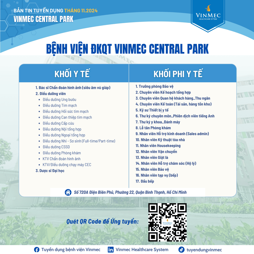 Bệnh viện ĐKQT Vinmec Central Park tuyển dụng nhiều vị trí