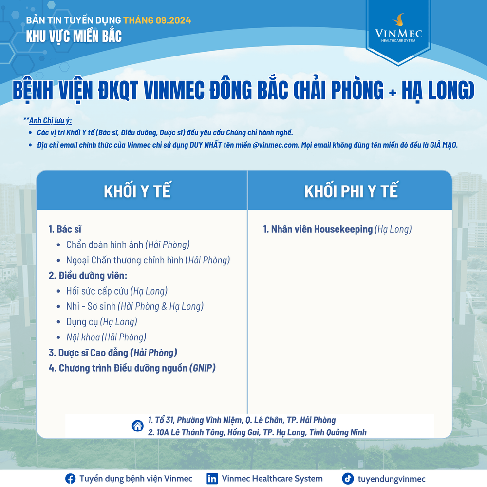 Hệ thống Y tế Vinmec tuyển dụng nhiều vị trí tại các tỉnh thành trên toàn quốc tháng 9/2024