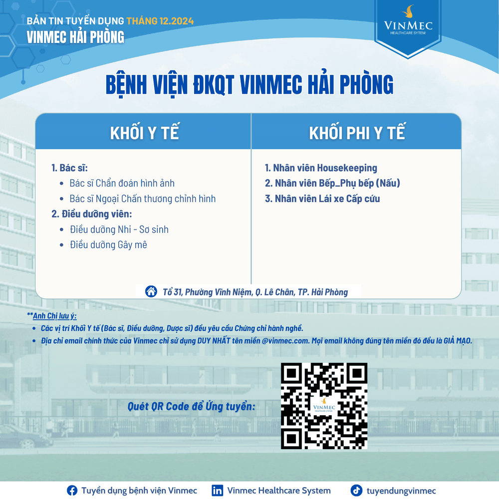 Hệ thống Y tế Vinmec tuyển dụng nhiều vị trí tại các tỉnh thành trên toàn quốc tháng 12/2024