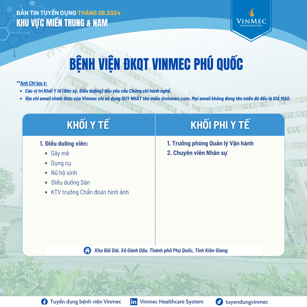 Hệ thống Y tế Vinmec tuyển dụng nhiều vị trí tại các tỉnh thành trên toàn quốc tháng 8/2024