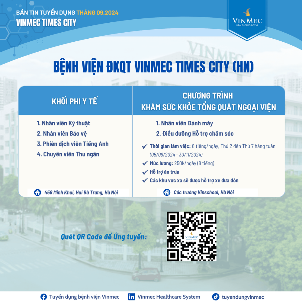 Bệnh viện ĐKQT Vinmec Times City và Chương trình Khám sức khỏe tổng quát ngoại viện tuyển dụng