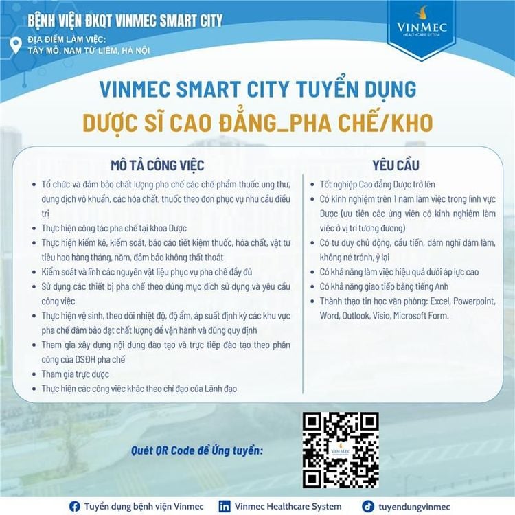 Vinmec Smart city tuyển dụng dược sĩ cao đẳng