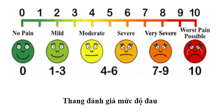 
Thang đánh giá mức độ đau: 0 không đau, 1-3 hơi đau, 4-6: mức vừa đến nặng, 7-9 rất nặng, 10 là không thể chịu nổi.
