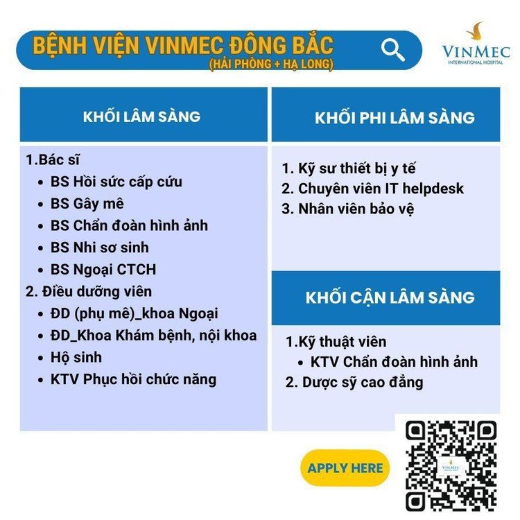 
Tuyển dụng Bệnh viện Vinmec Đông Bắc (Hải Phòng và Quảng Ninh)
