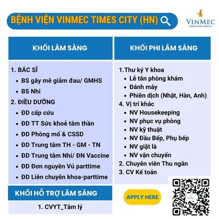 
Tuyển dụng Bệnh viện Vinmec Times City (HN)
