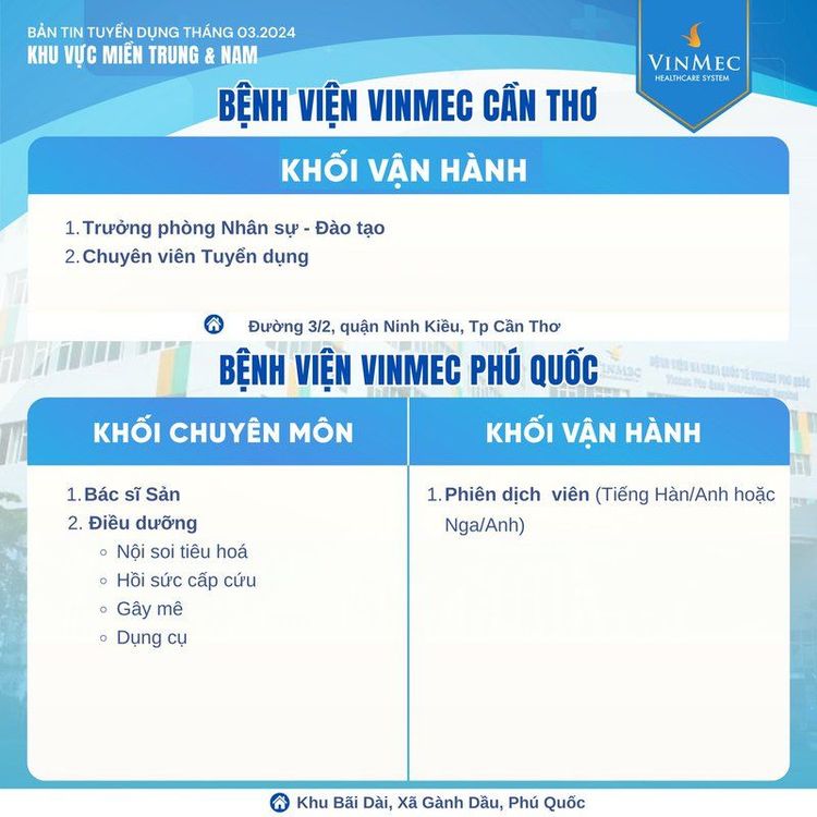 Hệ thống Y tế Vinmec tuyển dụng nhiều vị trí tại các tỉnh thành trên toàn quốc tháng 3/2024