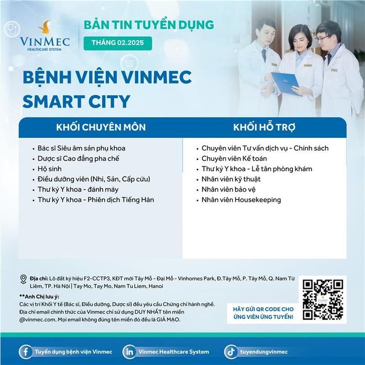 Bệnh viện ĐKQT Vinmec Smart City tuyển dụng nhiều vị trí