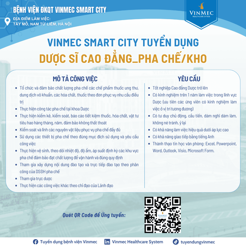 Bệnh viện ĐKQT Vinmec Smart City tuyển dụng Dược sĩ Cao đẳng_Pha chế/Kho