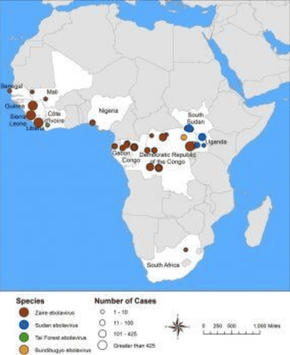 
Bản đồ lây lan dịch bệnh Ebola năm 2014-2016 tại châu Phi
