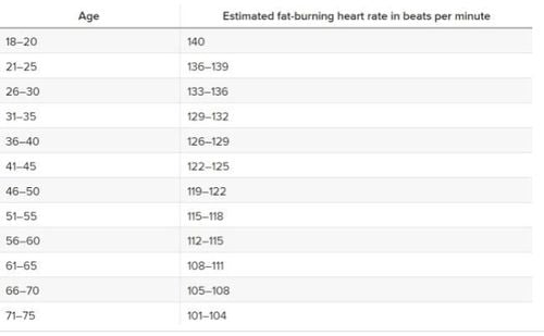 
Bảng ước tính nhịp tim đốt cháy chất béo/phút theo độ tuổi.
